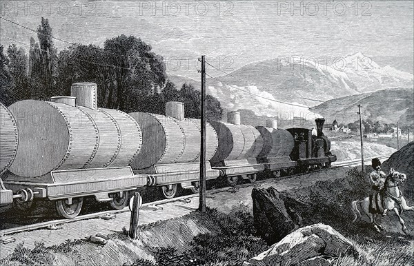 An oil train carrying oil from the Branobel oil wells for distribution in Russia