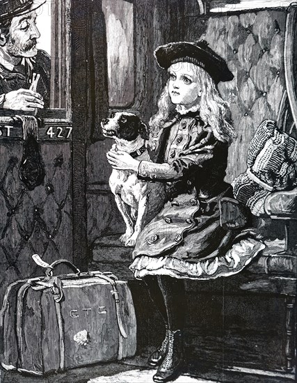 A girl and her dog in a railway carriage: ticket collector asking for her dog's ticket