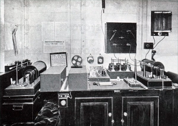 Photograph of Guglielmo Marconi's cabin aboard the SS Minneapolis filled with his equipment