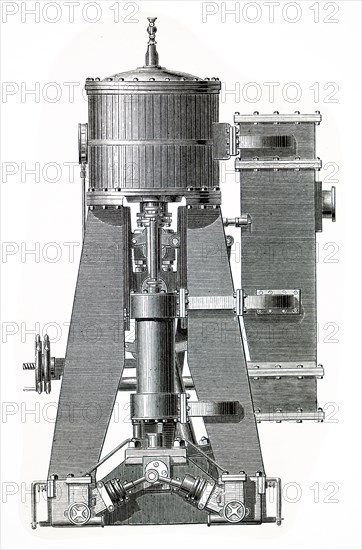 A steam turbine, a device that extracts thermal energy from pressurised steam and uses it to do mechanical work on a rotating output shaft