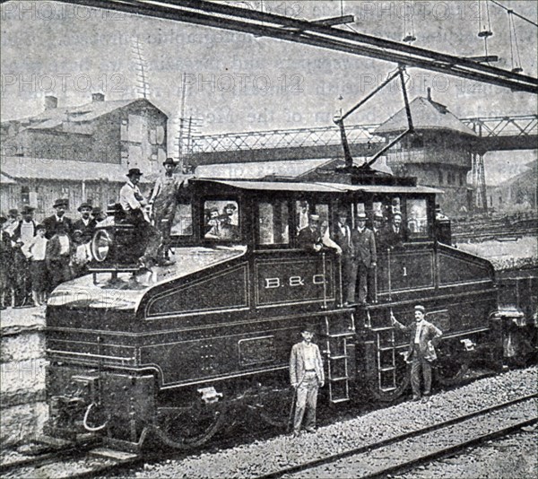 Photograph taken of an early electric locomotive on the Baltimore and Ohio Railroad