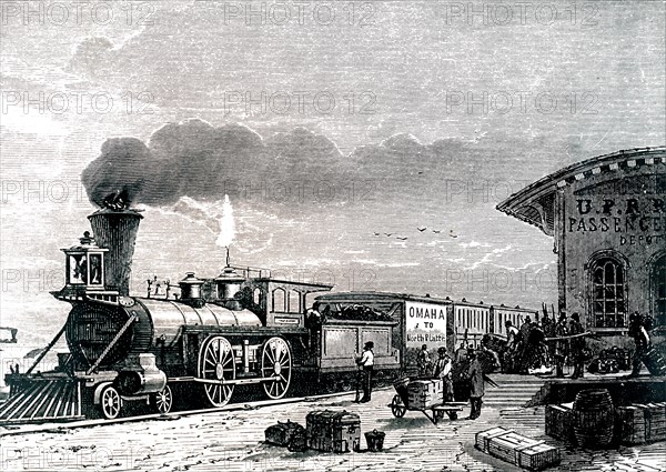 A train arriving at Omaha Station on the Pacific Railroad
