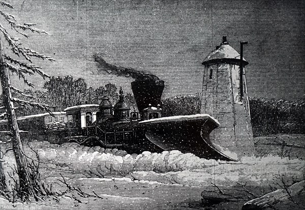 A locomotive snowplough being used to clear a snow drift in Canada