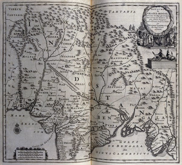 Map of Mughal empire in India circa 1680, 17th century