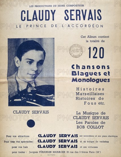 Music book for Accordion music by the young, French, accordionist, Claudy Servais 1950