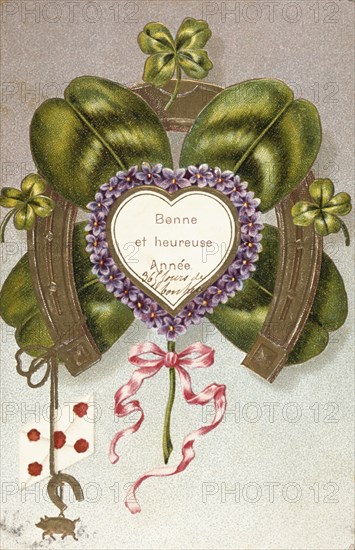 French Happy New Year, postcard depicting a horseshoe for luck