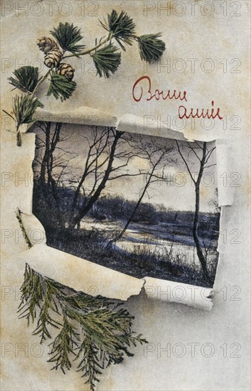 French Happy New Year, postcard depicting a winter snow scene