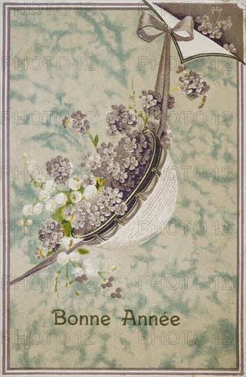 French Happy New Year, postcard depicting flowers