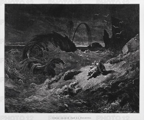 Jonah ejected onto dry land by the whale, Illustration from the Dore Bible 1866