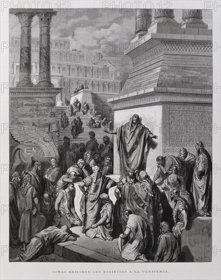 Jonah exhorts the people of Nineveh to repent, Illustration from the Dore Bible 1866