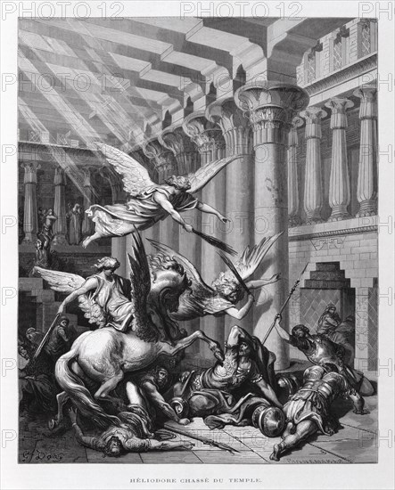 Heliodorus Is Cast Down,  Expulsion of Heliodorus, Illustration from the Dore Bible 1866