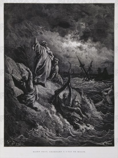 St Paul Landing at Malta, Illustration from the Dore Bible 1866