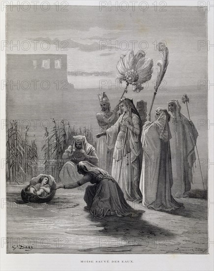 Moses rescued by the daughter of the Pharaoh of Egypt, Illustration from the Dore Bible 1866