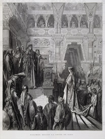 King Solomon receives the queen of Sheba, Illustration from the Dore Bible 1866