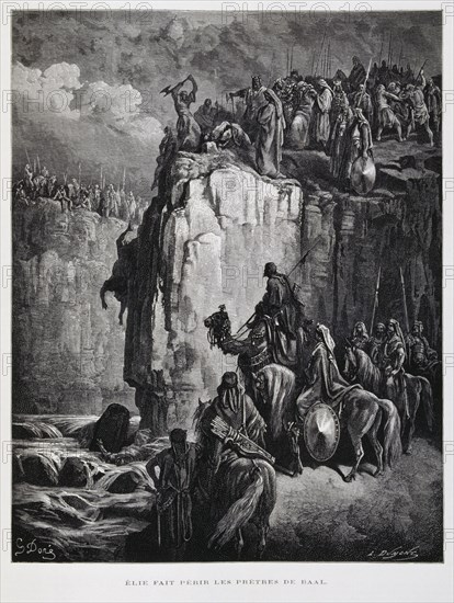 Elie smashes the idols of Baal, Illustration from the Dore Bible 1866