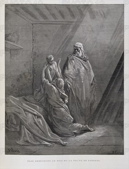 Elijah Raises the Son of the widow of Zarephath, Illustration from the Dore Bible 1866