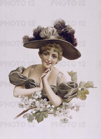 French art-deco, postcard depicting a young woman 1900