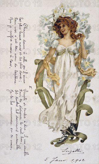 French art-deco, postcard depicting a young woman 1900