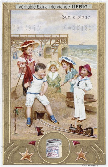 Leibig card depicting French children on the beach 1890