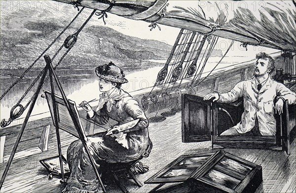 A young woman painting on the deck of a boat as it sails down a river