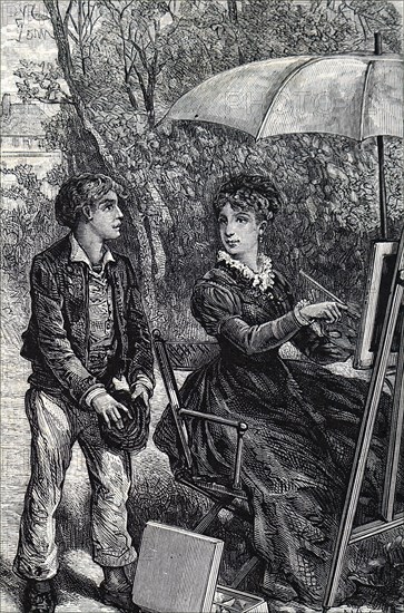 A young woman painting under the shade of her umbrella