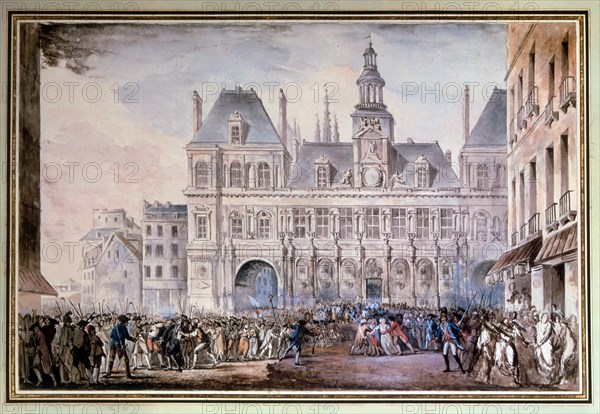 Watercolour painting depicting a riot in Paris during the French Revolution, 1789