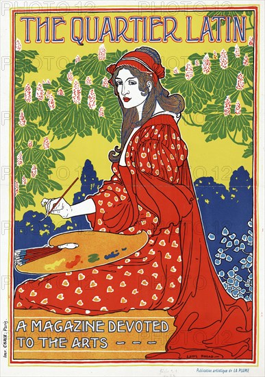 Cover from the Quartier Latin, depicting a seated woman holding a palette and paint brushes in an art nouveau style