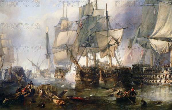 Painting titled "The Battle of Trafalgar in 1805" by Clarkson Frederick Stanfield