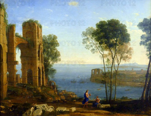 Painting titled 'Coast View with Apollo and the Cumaean Sibyl' by Claude Lorrain