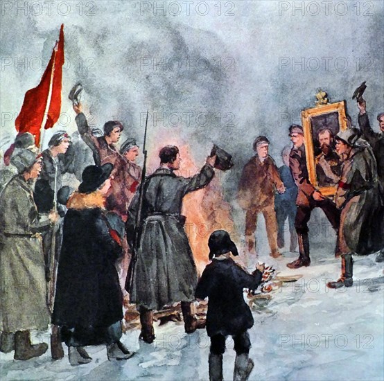 Painting depicting the burning of a portrait of Tsar Nicholas II during the February Revolution 1917