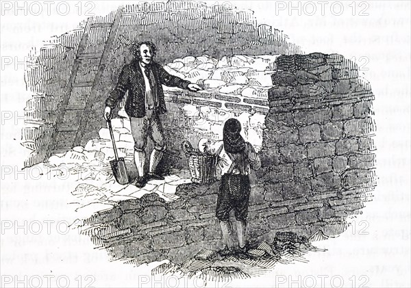 Woodcut engraving depicting Victorian miners excavating part of an ancient Roman wall in London. Dated 19th Century