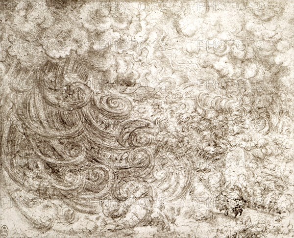 The Deluge VII. Coils of Lightening and rain; Black chalk. Circa 1514-16. By Leonardo da Vinci (1452 - 1519), an Italian Renaissance polymath. Da Vinci was expert in invention, painting, architecture, science and engineering. considered one of the greatest