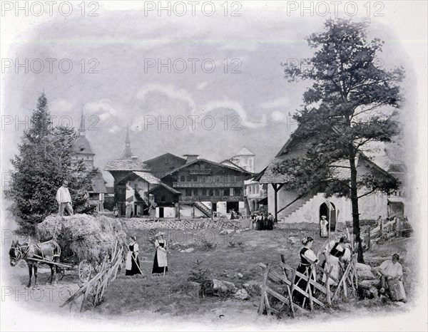 Image of a Swiss village showing a church and chalet from Meiringen.