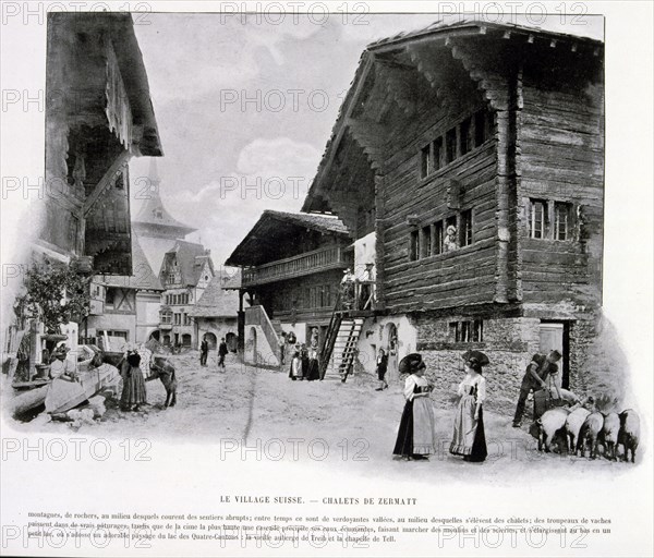 Photograph of an exterior view of a Swiss Village represented by chalets from Zermatt