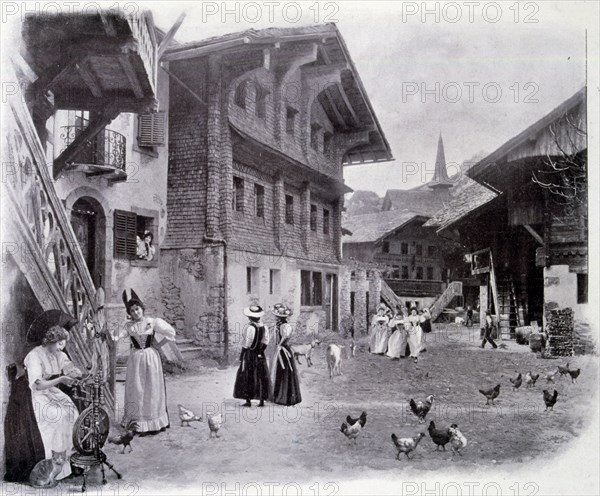 Illustration of a Swiss village - houses from Bourg-Saint-Pierre and Engelberg.