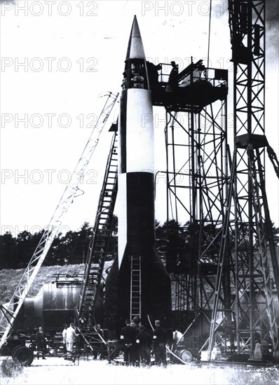 V-2 prepared for a test launch at the German Rocket Center at Peenemunde in 1942