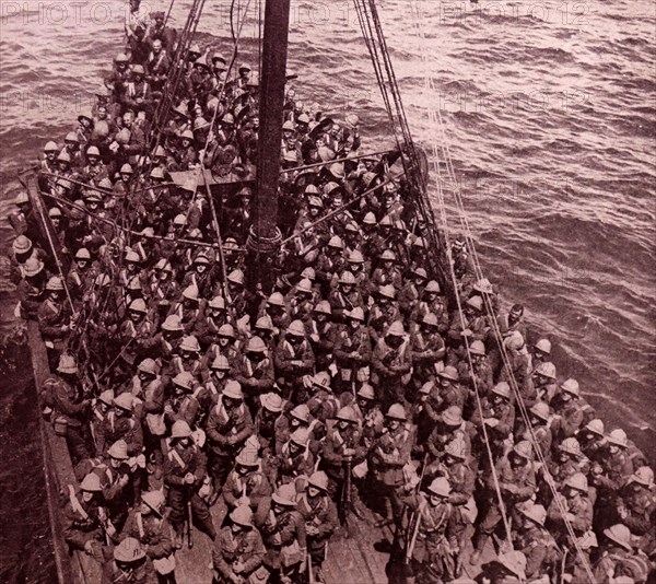 Reinforcements of the Lancashire Fusiliers of the 42nd Division arrving by ship from Mundros to Gallipoli during World War I
