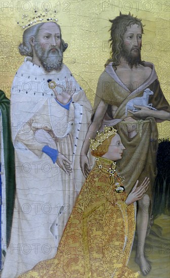 The Wilton Diptych, c1395-99. Richard II, King of England, kneels in a portable altarpiece