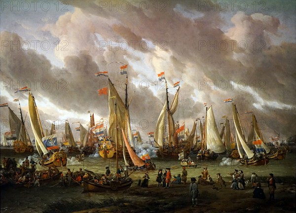 Mock battle, re-enactment of a naval battle by yachts, on the IJ in honour of the visit by Tsar Peter the Great of Russia in 1697