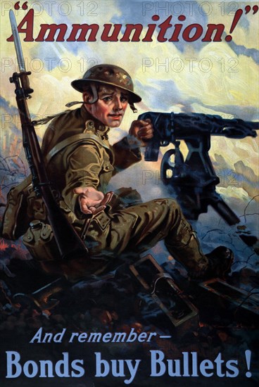 Poster showing a soldier with a machine gun in the heat of battle, reaching out for ammunition