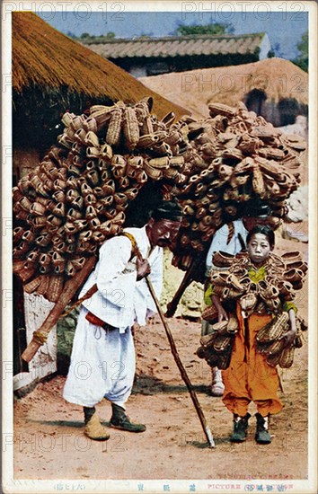 Korean street sellers loaded with hessian shoes for sale, 1890