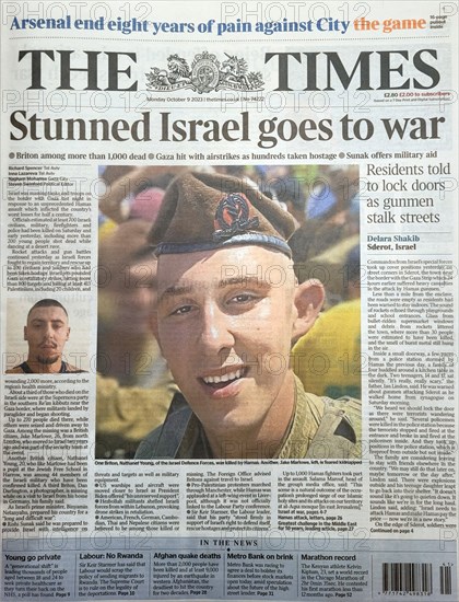 British Newspaper front page after a Hamas attack Israel.