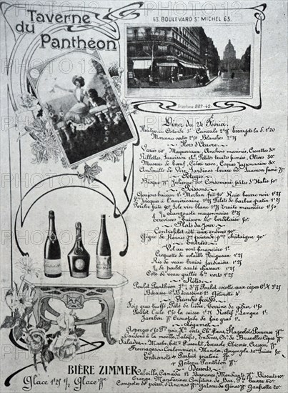 French menu from the Taverne de Pantheon. 1900
