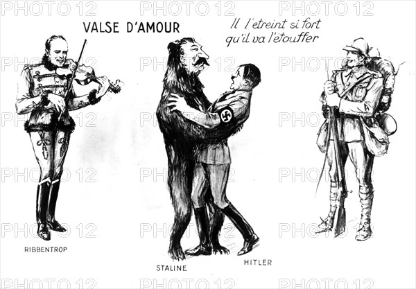 Caricature au moment du Pacte germano-soviétique : "Valse d'amour". (Ribbentrop, Staline et Hitler), 1939