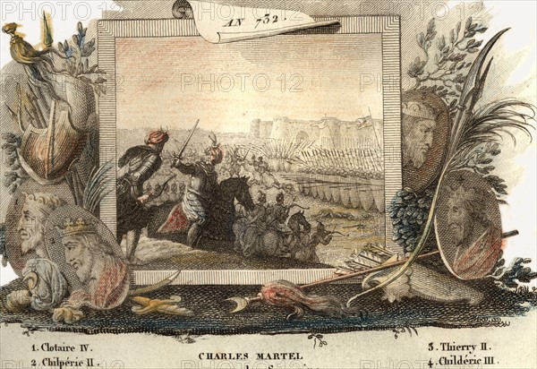 Charles Martel vainqueur des Sarrasins à Poitiers. in "Histoire de France en estampes" édité au 19e