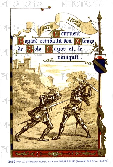 Publicité pour le chocolat d'Aiguebelle, la vie de Bayard (V.1475-1524), comment Bayard combattit don Alonzo de Soto Mayor et le vainquit, Publicité pour le chocolat d'Aiguebelle