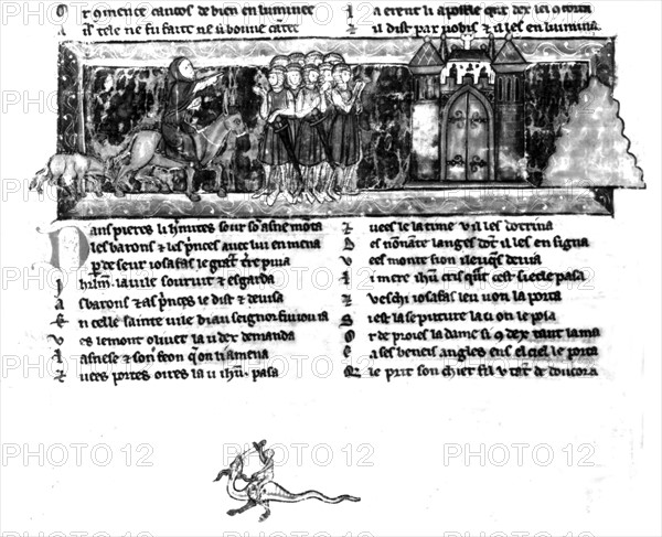 Manuscrit du "Chevalier au cygne": Pierre l'hermite haranguant les croisés devant Jérusalem