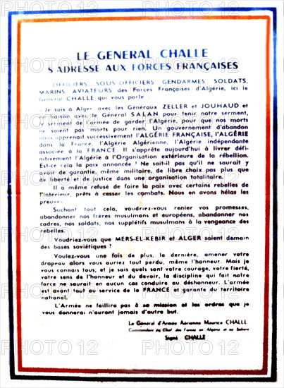 Affiche : Le général Challe s'adresse aux Forces françaises, Putsch des généraux