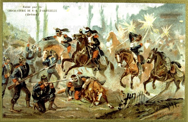 War of 1870: Battle of Beaumont - Charge of the 5th Cavalry, advertisement for Aiguebelle chocolate
