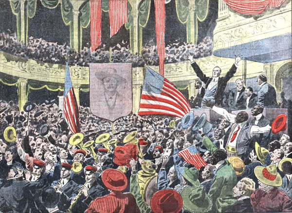 Dessin de  Damblans : Au Congrès de Chicago, les partisans de M. Roosevelt acclament tumultueusement sa candidature